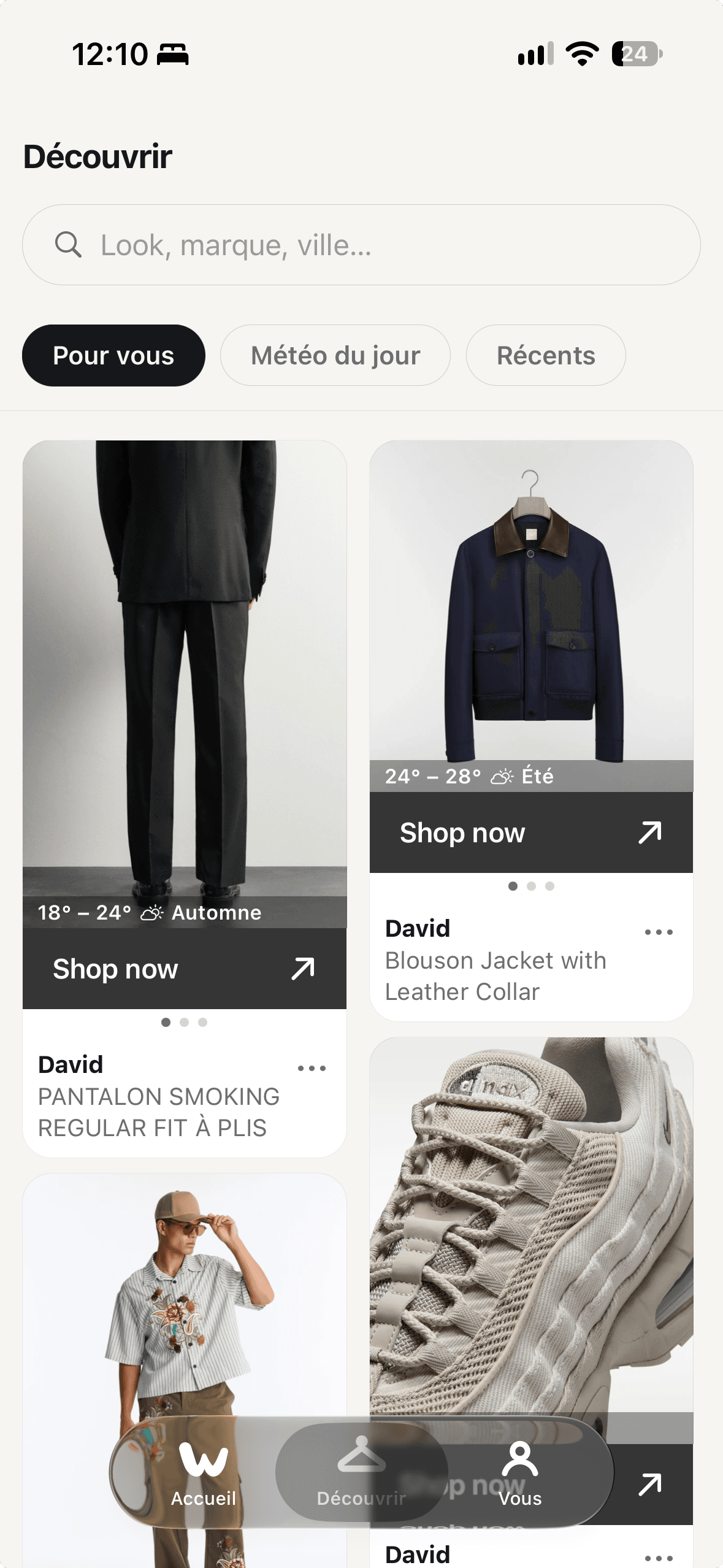 Weather Wear discover feed for today's weather