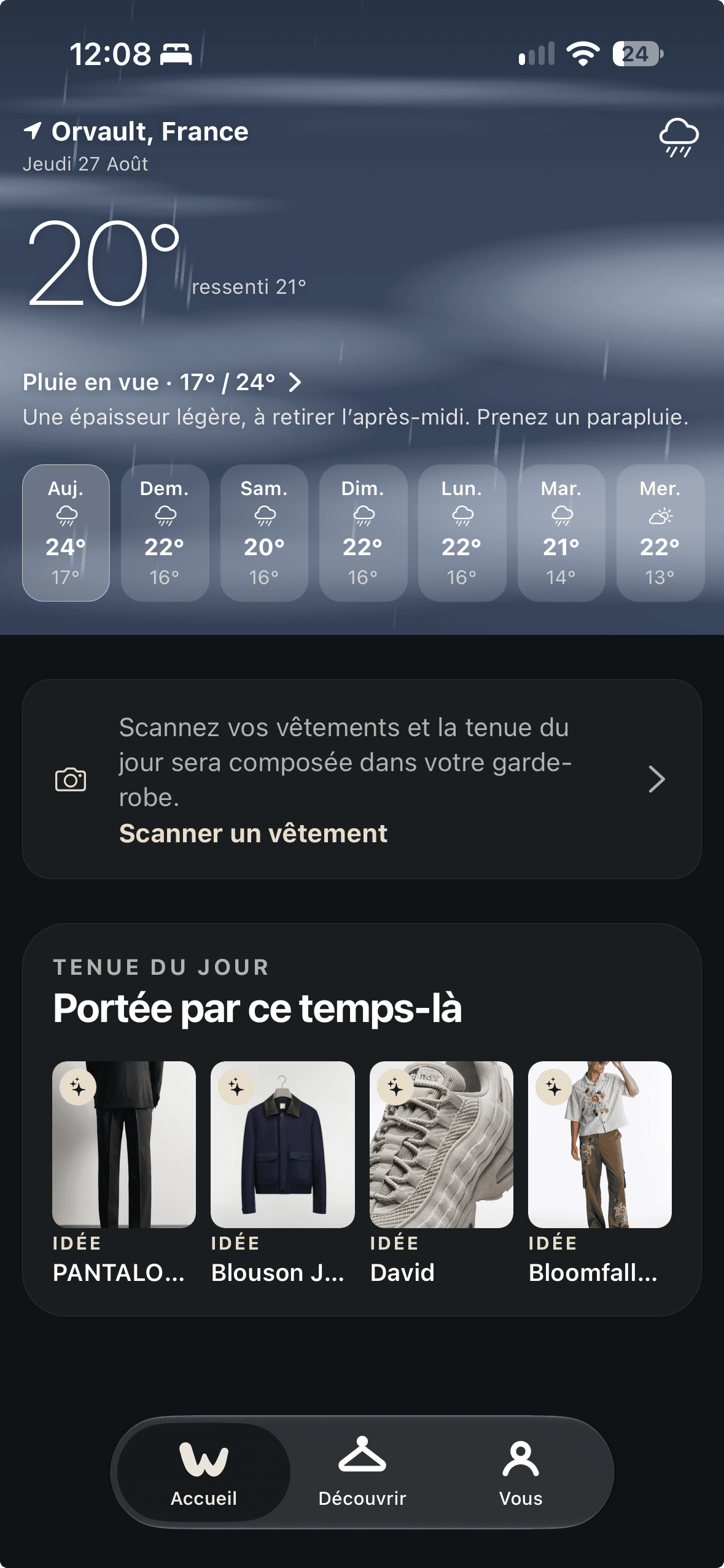 Today's forecast and outfit pick on the Weather Wear home screen